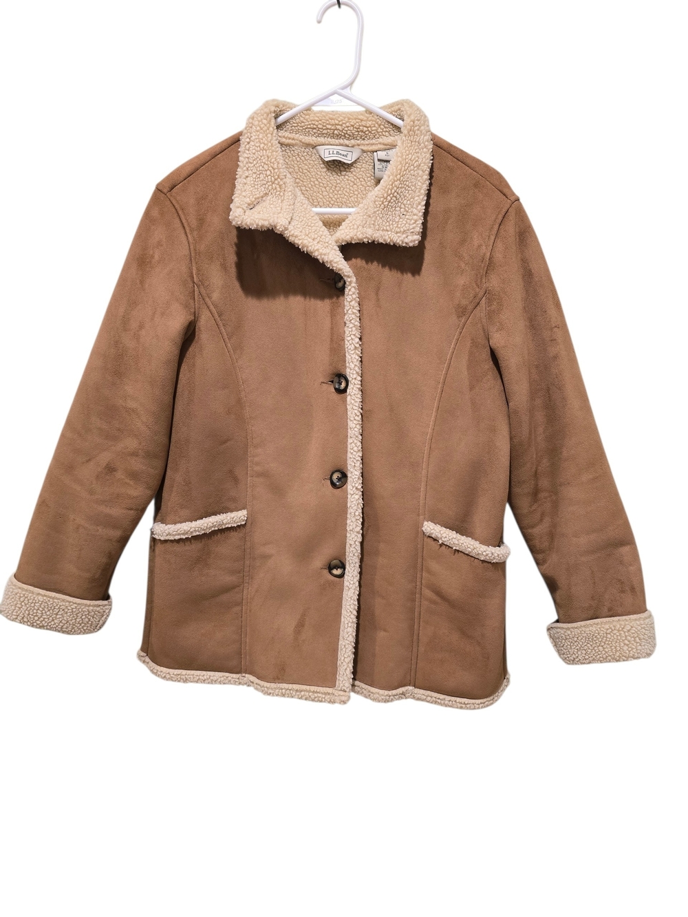 LL Bean Tan Faux-Suede Sherpa Trim Coat Small Petite